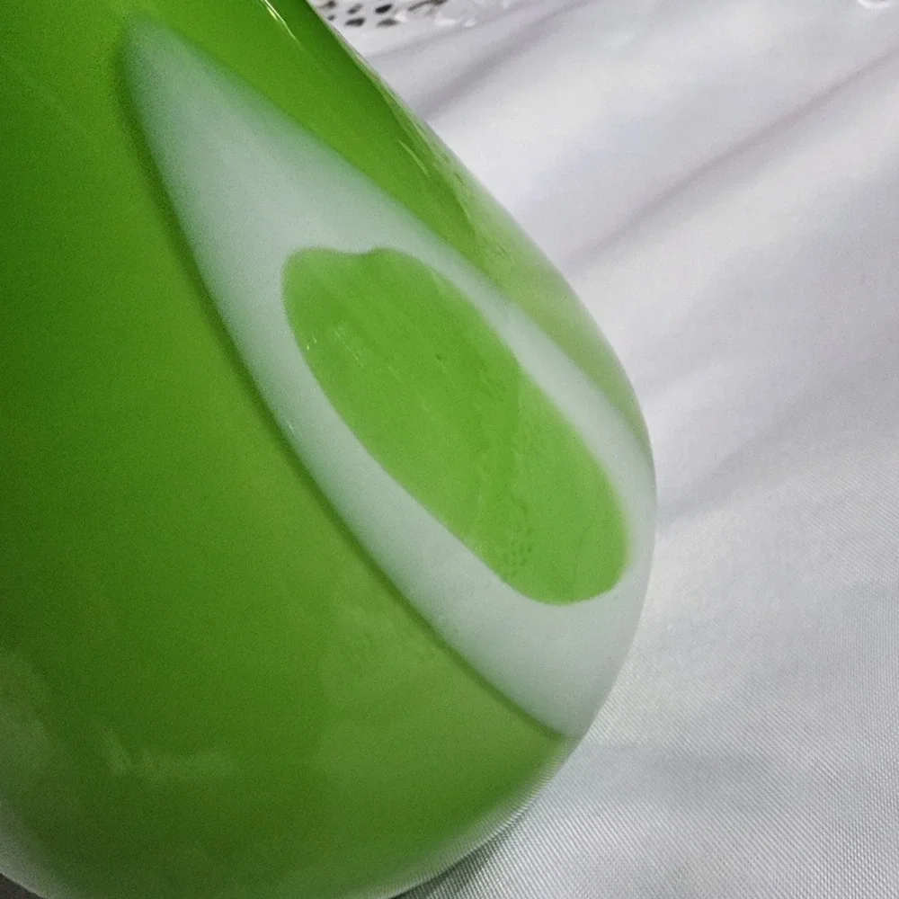 Vintage Green Art Glass Vase White Teardrop Cased Glass Mid Century Modern 8.5in